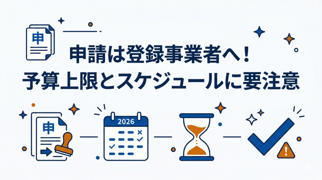 「申請は登録事業者へ！予算上限とスケジュールに要注意」というテキストと、申請書類・スケジュール管理のカレンダー・予算上限を示す砂時計・チェックマークのアイコン図解