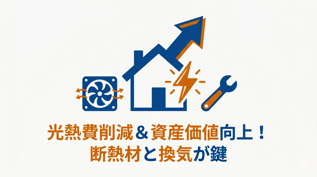 「光熱費削減＆資産価値向上！断熱材と換気が鍵」というテキストと、換気扇、価値上昇を示す矢印と家、電気マーク、スパナのイラスト