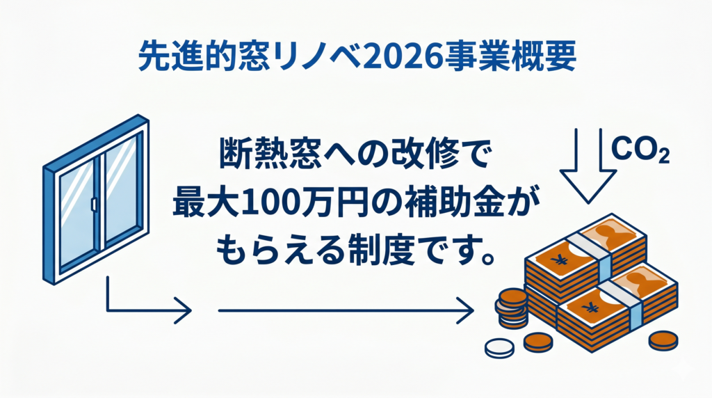 先進的窓リノベ2026事業の概要図解。断熱窓への改修で最大100万円の補助金がもらえる制度であることを、窓、札束、CO2削減のアイコンとともに説明しています。