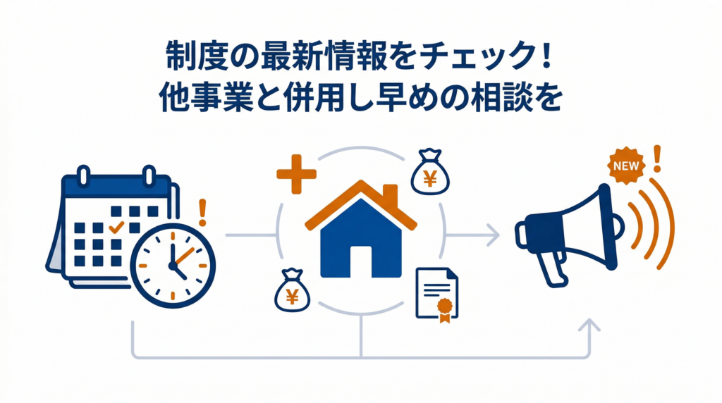 「制度の最新情報をチェック！他事業と併用し早めの相談を」と書かれた、カレンダー、時計、最新情報を知らせるメガホンのイラスト
