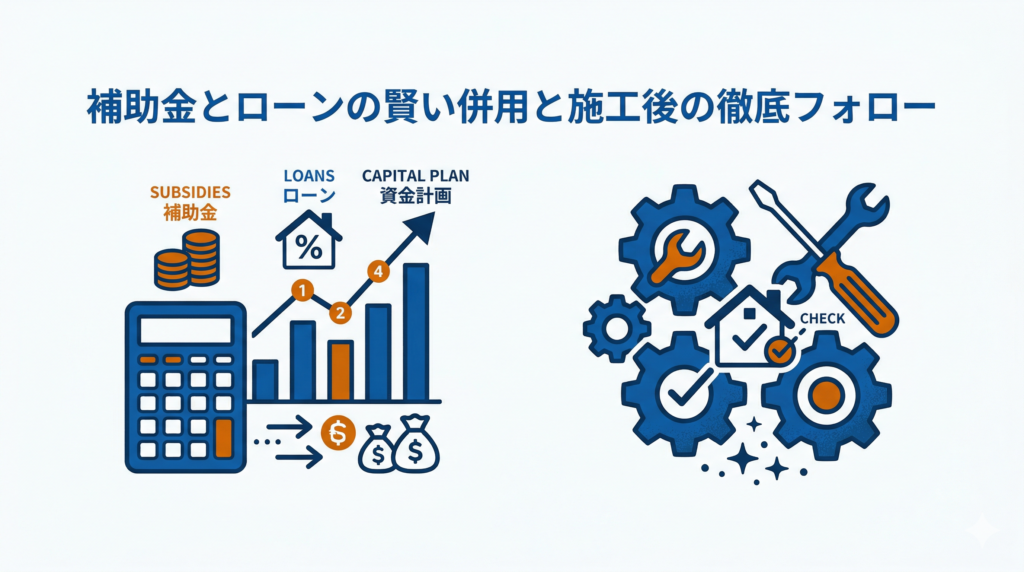「補助金とローンの賢い併用と施工後の徹底フォロー」というテキストと、資金計画を示す電卓とグラフ・メンテナンス体制を示す歯車と工具のアイコン図解