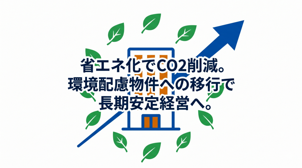 賃貸集合給湯省エネ2026事業の概要：アパートとエコを表す葉っぱ、右肩上がりの矢印のイラスト。「省エネ化でCO2削減。環境配慮物件への移行で長期安定経営へ。」のテキスト