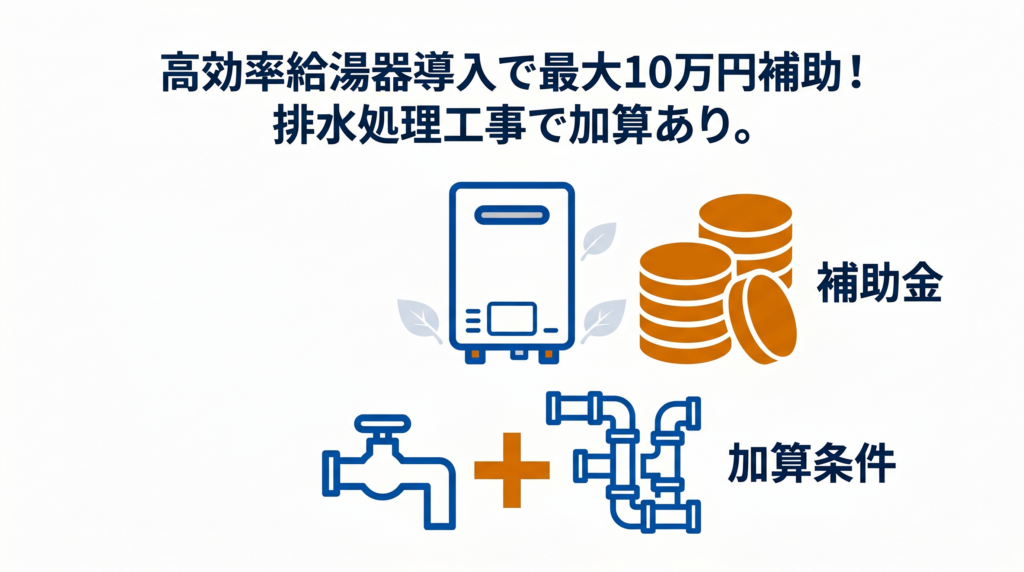 補助金制度の詳細：給湯器、コイン、配管とプラス記号のイラスト。「高効率給湯器導入で最大10万円補助！排水処理工事で加算あり。」のテキスト