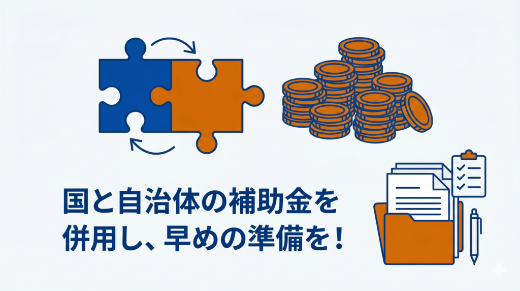 「国と自治体の補助金を併用し、早めの準備を！」というテキストと、組み合わさるパズルピース、重なったコイン、書類とバインダーのイラスト