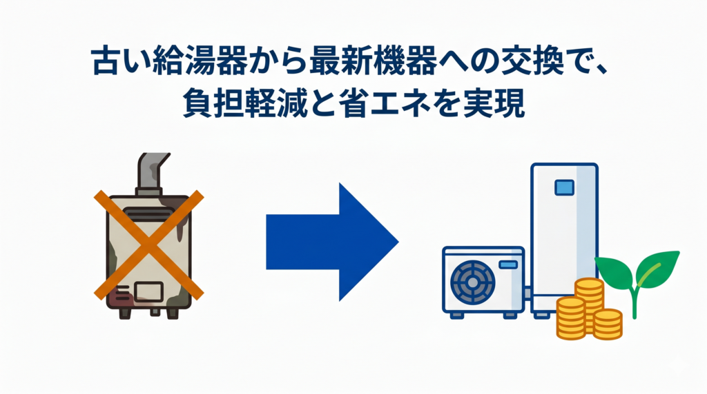 古い給湯器から最新機器への交換によるメリットを伝える図解。左側に古い給湯器とX印、中央に右矢印、右側に最新のエコキュートと硬貨、若葉のピクトグラムが配置されている。画像内には「古い給湯器から最新機器への交換で、負担軽減と省エネを実現」というテキストがある。