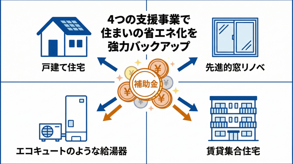 「4つの支援事業で住まいの省エネ化を強力バックアップ」というテキストと、戸建て住宅・先進的窓リノベ・給湯器・賃貸集合住宅の4区分と、中央に補助金を示すコインを配置した図解