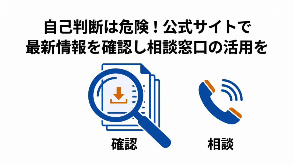 関連情報とリソース：書類と虫眼鏡、電話の受話器のイラスト。「自己判断は危険！公式サイトで最新情報を確認し相談窓口の活用を」のテキスト