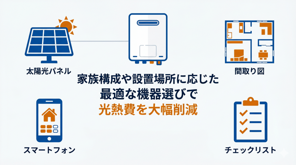 最適な機器選びの重要性を伝える図解。中央に給湯器のアイコンを置き、その周囲にスマートフォン、太陽光パネル、家の間取り図、チェックリストのピクトグラムが配置されている。画像内には「家族構成や設置場所に応じた最適な機器選びで光熱費を大幅削減」というテキストがある。