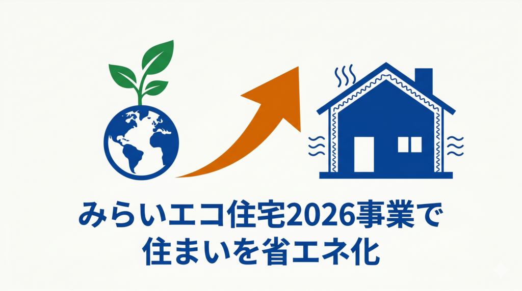 「みらいエコ住宅2026事業で住まいを省エネ化」というテキストと、地球から生える葉っぱ、上向きの矢印、家のシルエットのイラスト