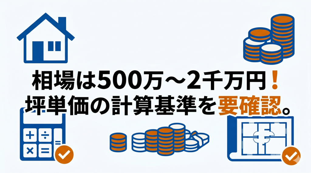 一戸建てフルリフォームの費用相場（500万〜2千万円）と、坪単価の計算基準の確認を促す図解