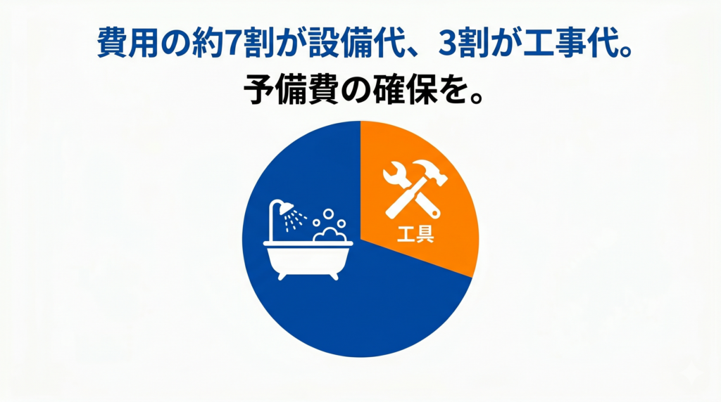 お風呂リフォームにかかる費用の内訳（設備代約7割、工事代約3割）と予備費の重要性を示す円グラフ