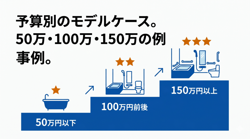 50万円、100万円、150万円の予算別お風呂リフォームのモデルケースを示す図解