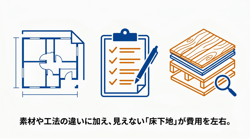 間取り図・チェックリスト・床下地の断面図のアイコンと、「素材や工法の違いに加え、見えない『床下地』が費用を左右。」のテキスト
