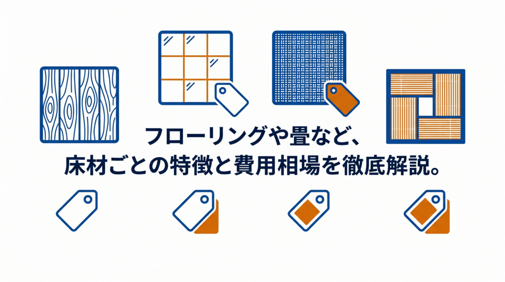 木目・タイル・布地・畳の4種類の床材と値札のアイコンと、「フローリングや畳など、床材ごとの特徴と費用相場を徹底解説。」のテキスト