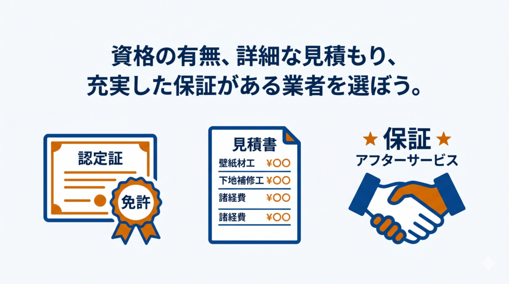 資格の有無、詳細な見積もり、保証の充実度を基準にした信頼できる壁紙張り替え業者の選び方の図解