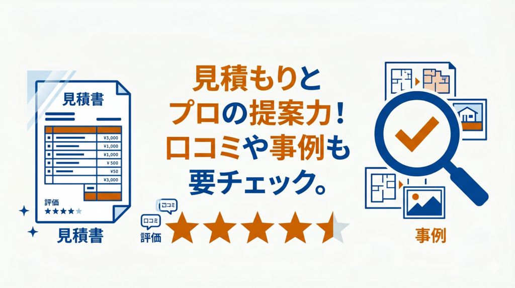 透明な見積もり、プロの提案力、口コミや施工事例の確認など、信頼できる業者の選び方を示す図解