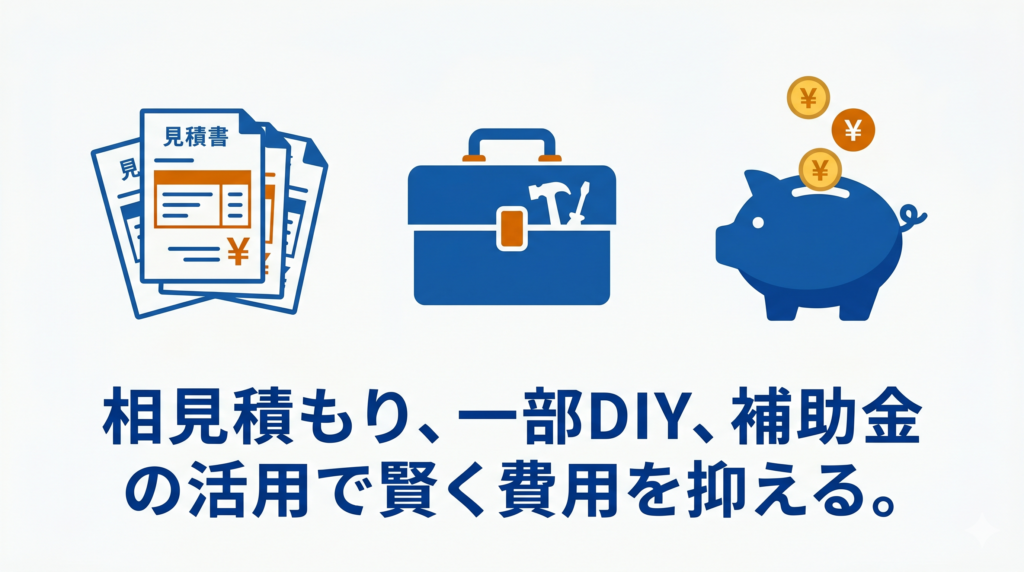 相見積もり、一部DIY、補助金の活用など、お風呂リフォーム費用を安く抑えるポイントを示す図解