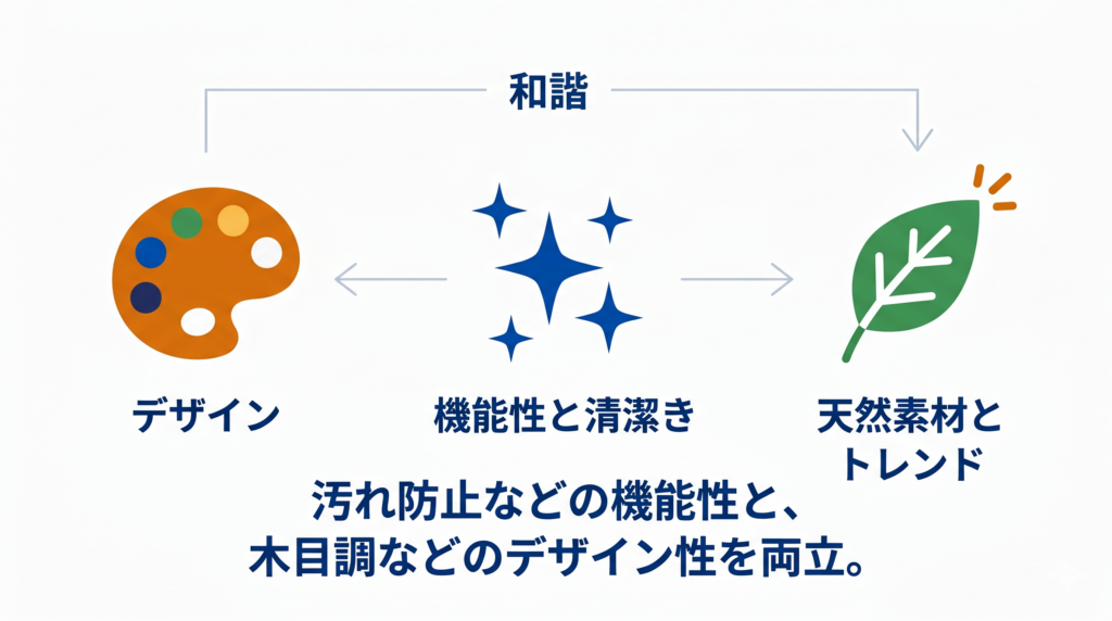 汚れ防止などの機能性と、木目調などのデザイントレンドを両立する壁紙の選び方を示す図解