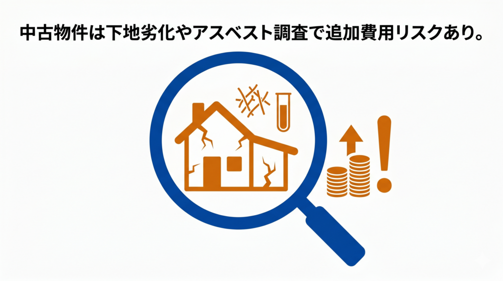 中古物件での壁紙張り替えにおける、下地劣化やアスベスト調査などの追加費用リスクへの注意を促す図解