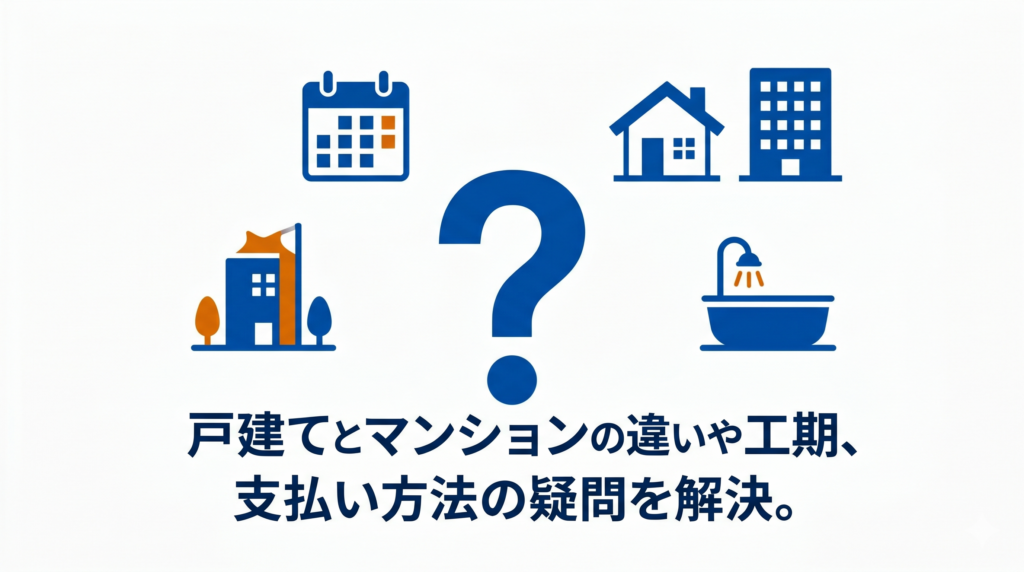戸建てとマンションの違い、工期、支払い方法など、お風呂リフォームに関するよくある質問を示す図解
