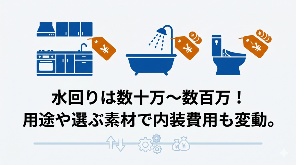 キッチンやお風呂、トイレなど水回り設備の用途や素材によるリフォーム費用の変動を示す図解