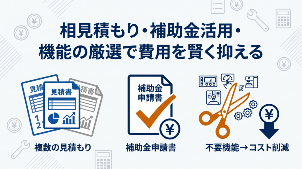 トイレリフォーム費用を抑えるコツ（相見積もり、補助金活用、機能の厳選）のイメージ