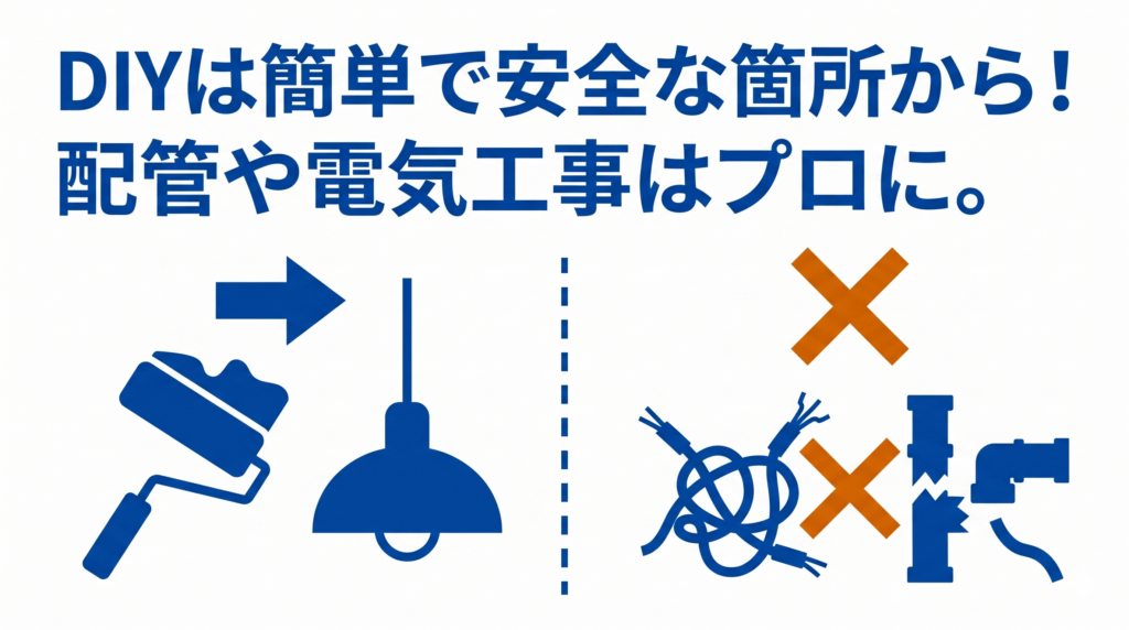 DIYは壁紙塗装など安全な箇所から始め、配管や電気工事はプロに任せるべきであることを示す図解