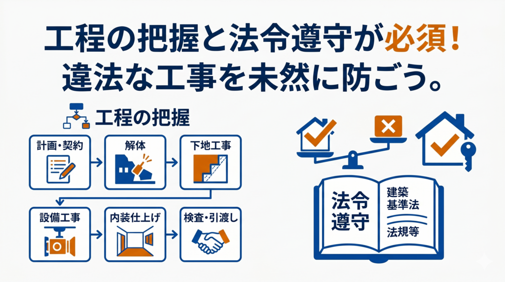リフォームの工程把握と、建築基準法などの法令遵守による違法工事防止の重要性を示す図解