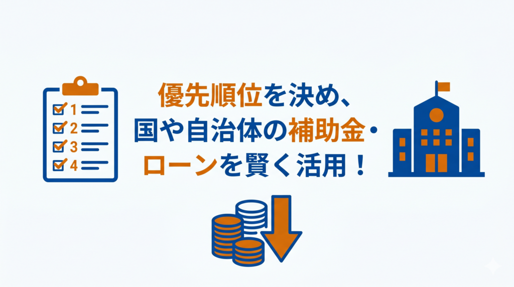 優先順位の決定と、国や自治体の補助金・ローン活用によるリフォーム費用削減のコツを示す図解