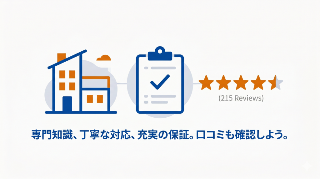 専門知識、丁寧な対応、充実の保証、口コミなど、信頼できるお風呂リフォーム業者の選び方を示す図解