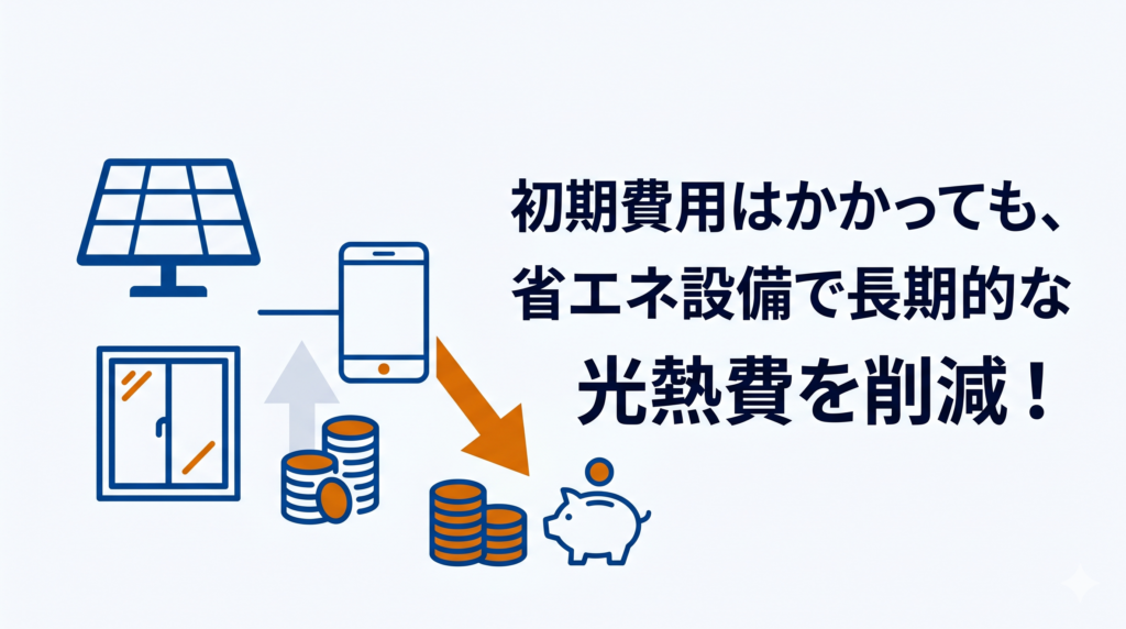 太陽光パネルや断熱窓などの省エネ設備導入による、長期的な光熱費の削減効果を示す図解