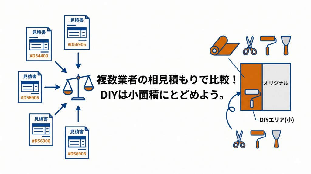 複数業者の相見積もり比較や、DIYを小面積にとどめるなど、壁紙張り替え費用を安く抑える方法の図解