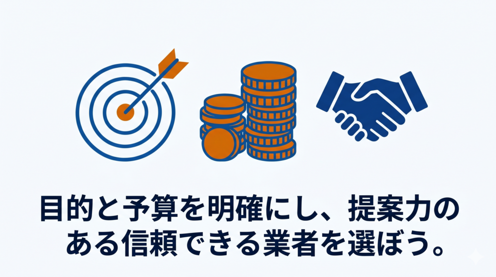 ターゲットの的・積み重なった硬貨・握手するアイコンと、「目的と予算を明確にし、提案力のある信頼できる業者を選ぼう。」のテキスト