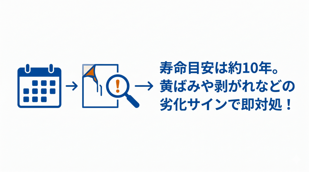 約10年の寿命目安や、黄ばみ・剥がれなどの劣化サインが出た時が壁紙張り替えのタイミングであることを示す図解