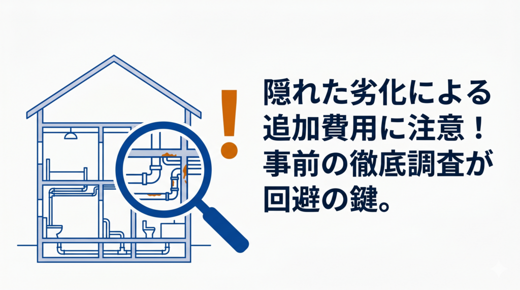 隠れた劣化による追加費用を防ぐための、事前の徹底した現場調査の重要性を示す図解