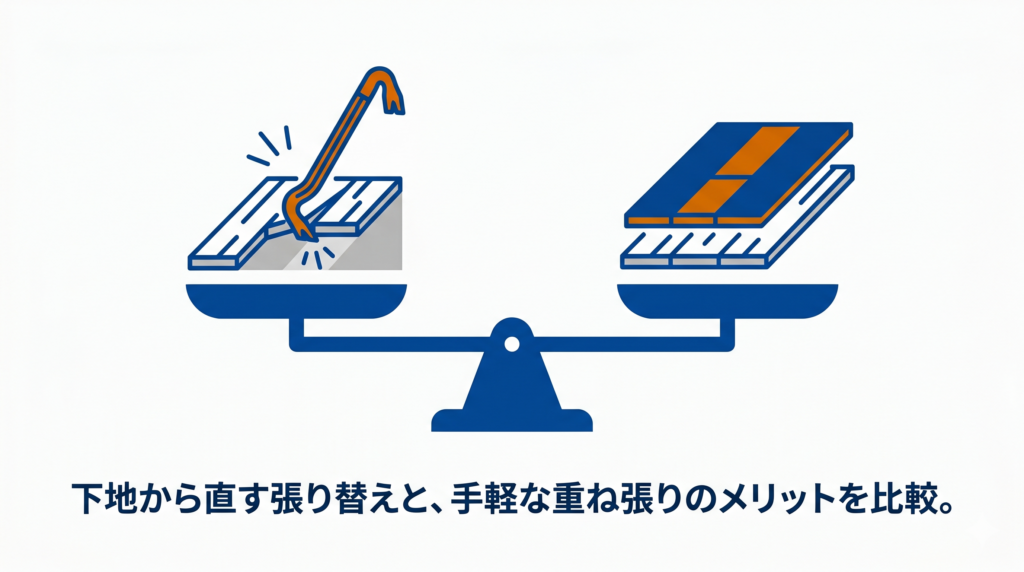 床材を剥がすバールと新しい床材を重ねる図を天秤にかけたアイコンと、「下地から直す張り替えと、手軽な重ね張りのメリットを比較。」のテキスト