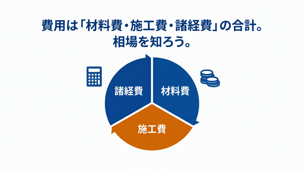 壁紙張り替え費用が「材料費・施工費・諸経費」の3つで構成されていることを示す円グラフの図解