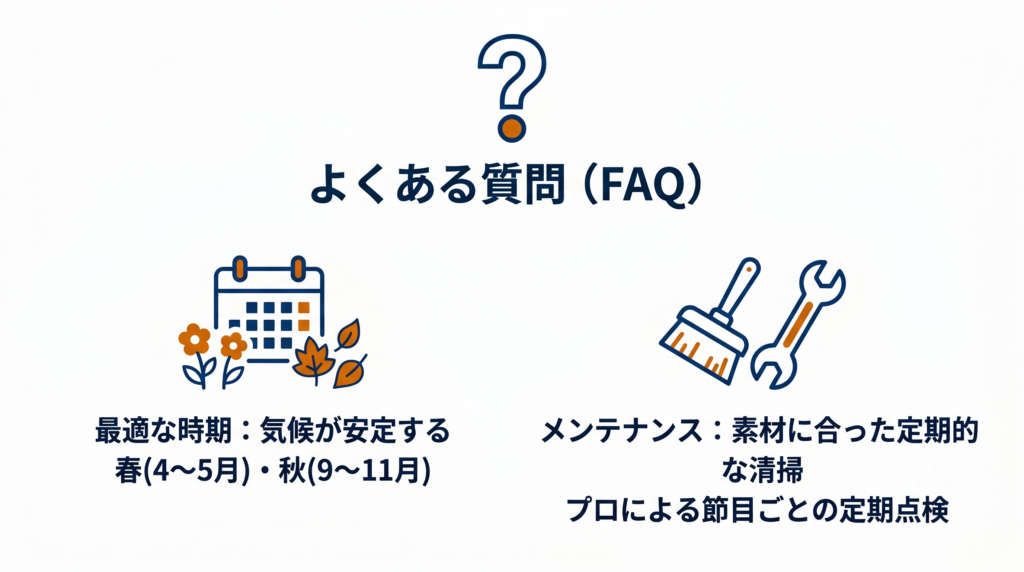 外構工事の最適な時期(気候が安定する春と秋)と、素材に合った定期的な清掃などのメンテナンス方法について解説したQ&A形式の図解。