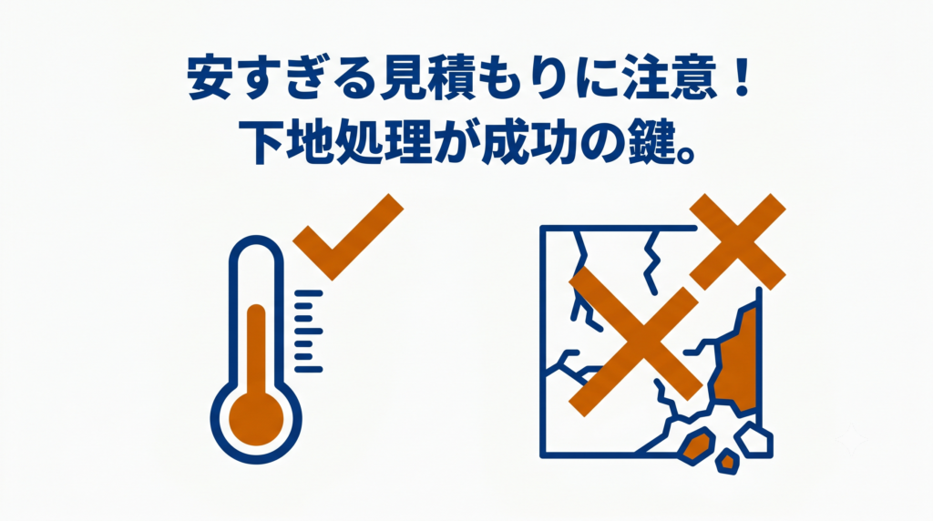 外壁リフォームの成功と失敗の分かれ目を示す図解。温度計とチェックマーク、ひび割れた壁とバツマークの比較、「安すぎる見積もりに注意!下地処理が成功の鍵。」というテキスト。