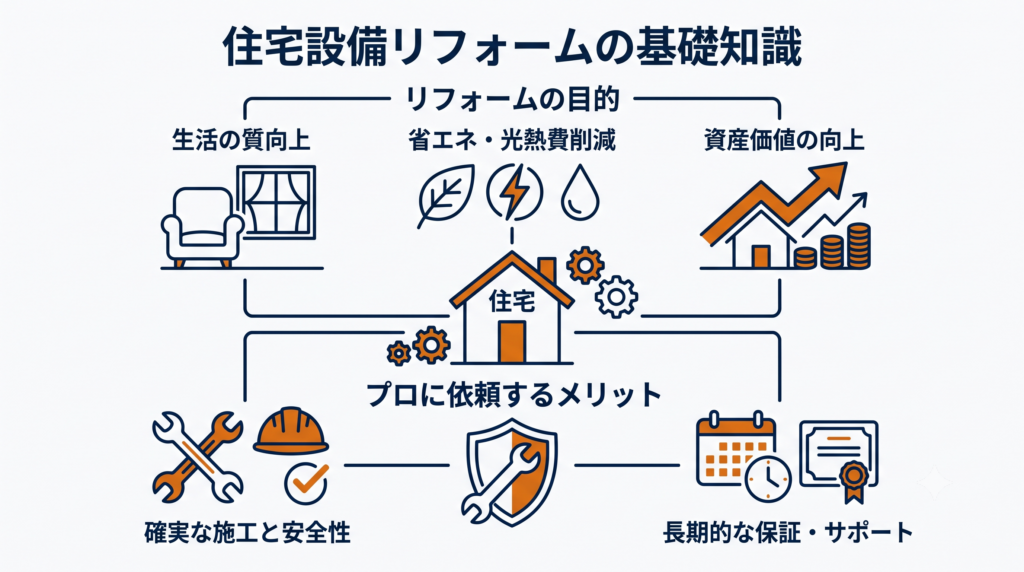 リフォームの目的（生活の質向上、省エネ、資産価値向上）とプロに依頼するメリットを示す構造図