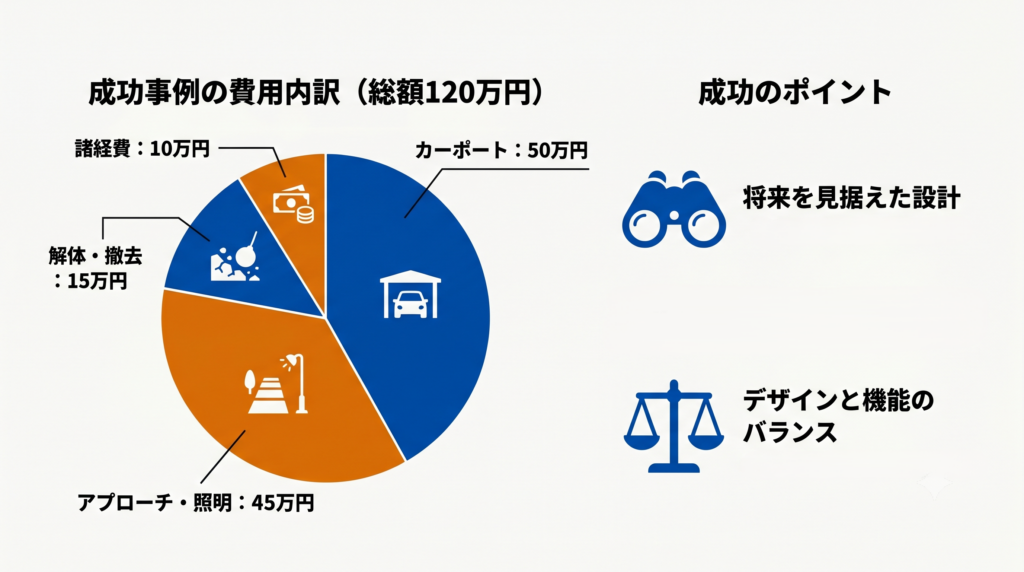総額120万円の外構リフォーム成功事例の費用内訳(カーポート、アプローチ等)を示す円グラフと、設計を成功させるポイントをまとめた図解。
