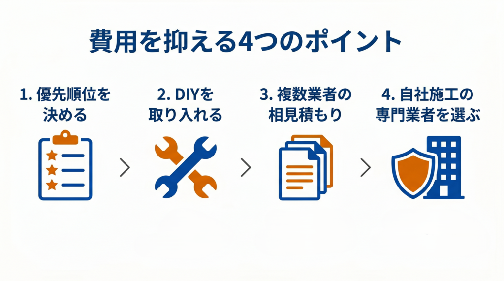 外構費用を抑えるための4つの手順(優先順位を決める、DIYを取り入れる、複数業者の相見積もり、自社施工の専門業者を選ぶ)を矢印で繋いだプロセス図。