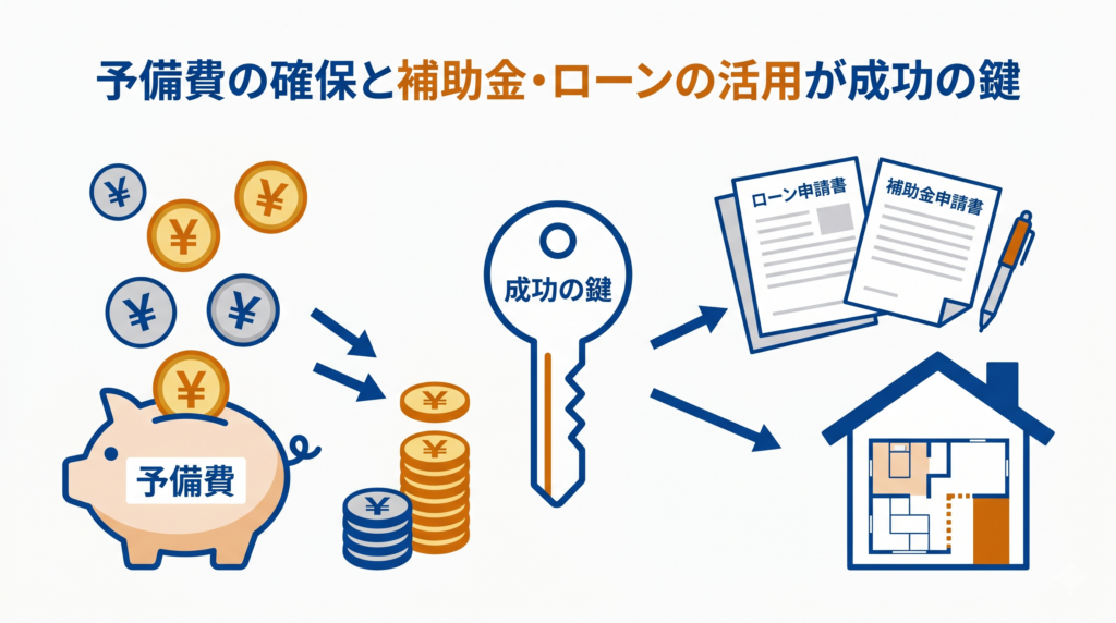 「予備費の確保と補助金・ローンの活用が成功の鍵」と書かれた、間取り変更リフォームの資金計画を示す図解