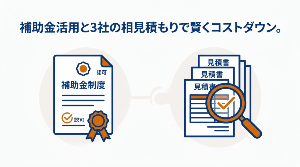 リフォーム費用を抑える方法の図解。補助金制度の書類と3社の相見積もりを比較するイラスト、「補助金活用と3社の相見積もりで賢くコストダウン。」というテキスト。