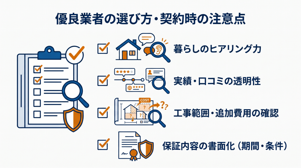 優良業者の選び方と契約時の注意点（ヒアリング力、実績、追加費用、保証など）をまとめたチェックリスト図