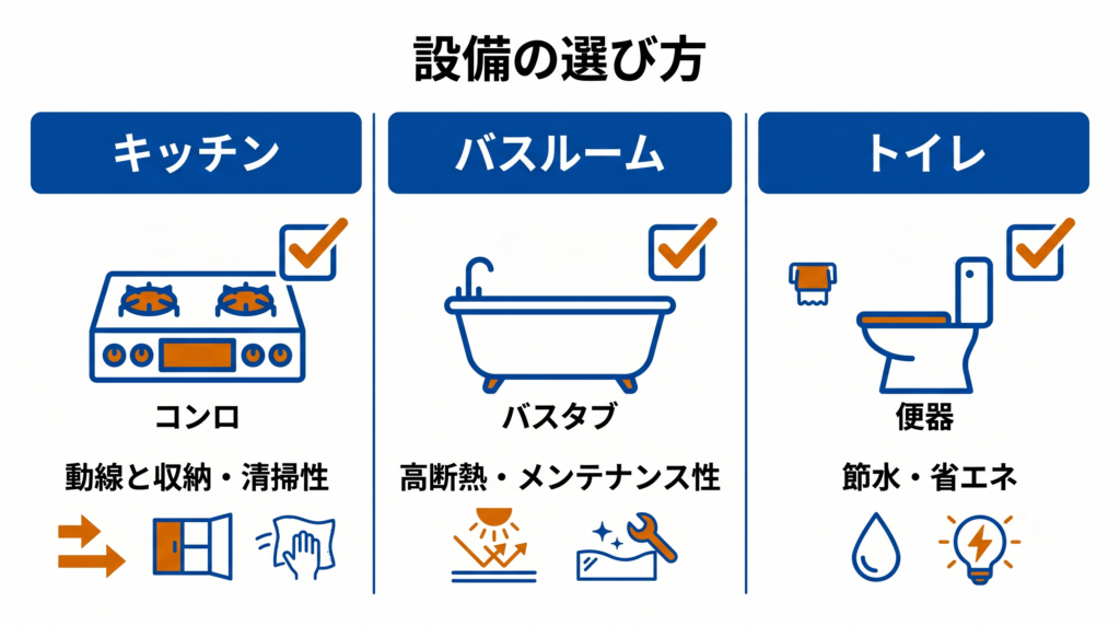 キッチン、バスルーム、トイレの選び方の重要ポイント（動線、高断熱、節水など）を解説する3分割のポイント図