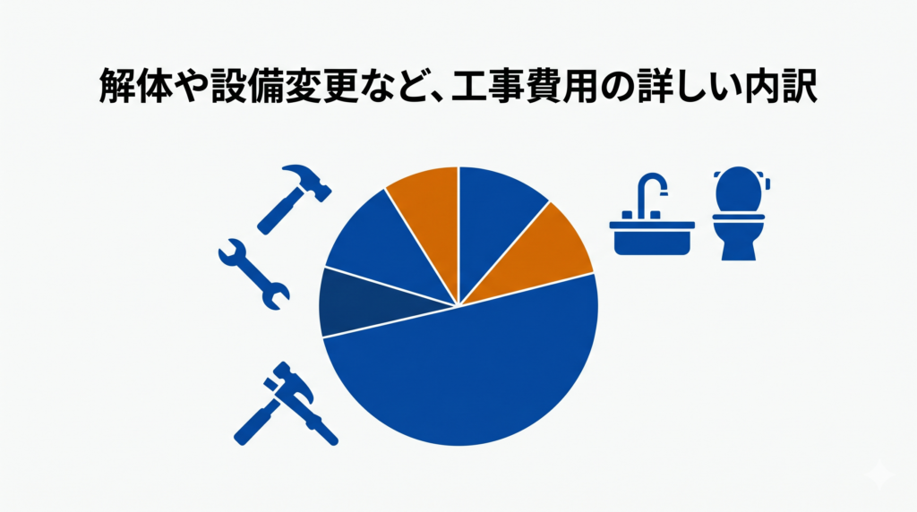 「解体や設備変更など、工事費用の詳しい内訳」と書かれた、リフォーム工事費用の内訳を示す円グラフの図解