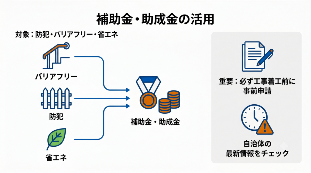 防犯・バリアフリー・省エネ工事を対象とした補助金・助成金の活用フローと、必ず着工前に事前申請が必要であることを促す注意喚起の図解。