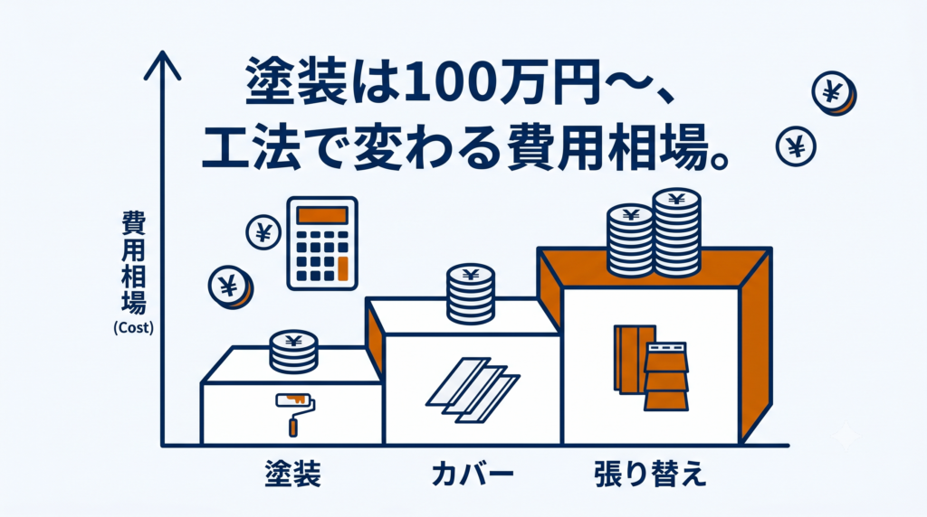 外壁リフォームの工法別費用相場を示す図解。塗装・カバー・張り替えの順に高くなる階段状のグラフと「塗装は100万円〜、工法で変わる費用相場。」というテキスト。