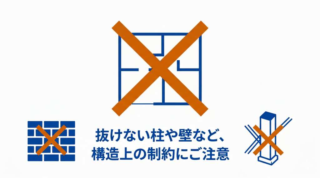 「抜けない柱や壁など、構造上の制約にご注意」と書かれた、間取り変更ができない構造上の制約を示す図解